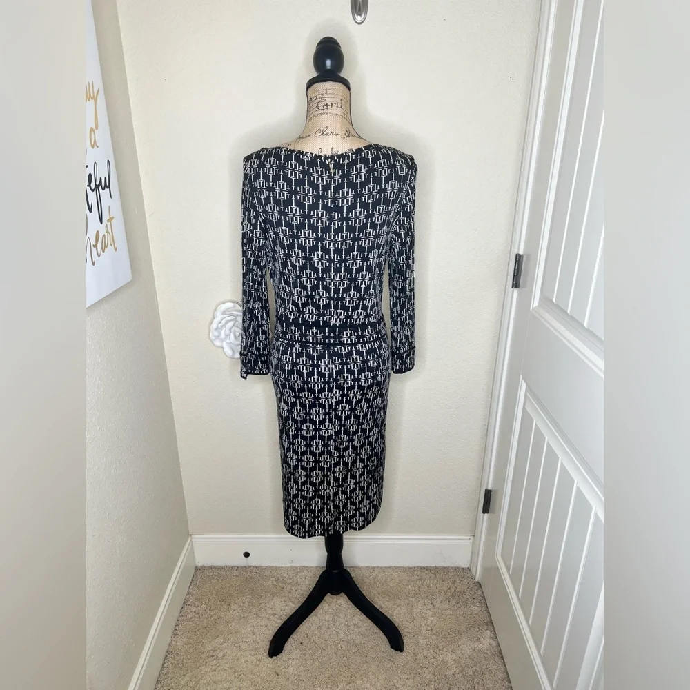NTM: Tory Burch White Monogram Print Silk Sheath Dress 3/4 Sleeve Size L